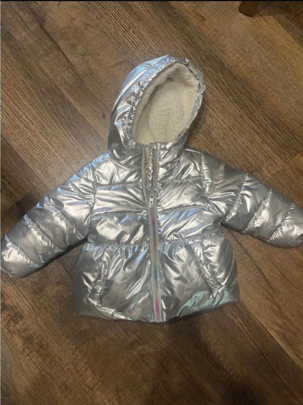 Girls Metallic Silver Puffer Jacket with Sherpa Hood
